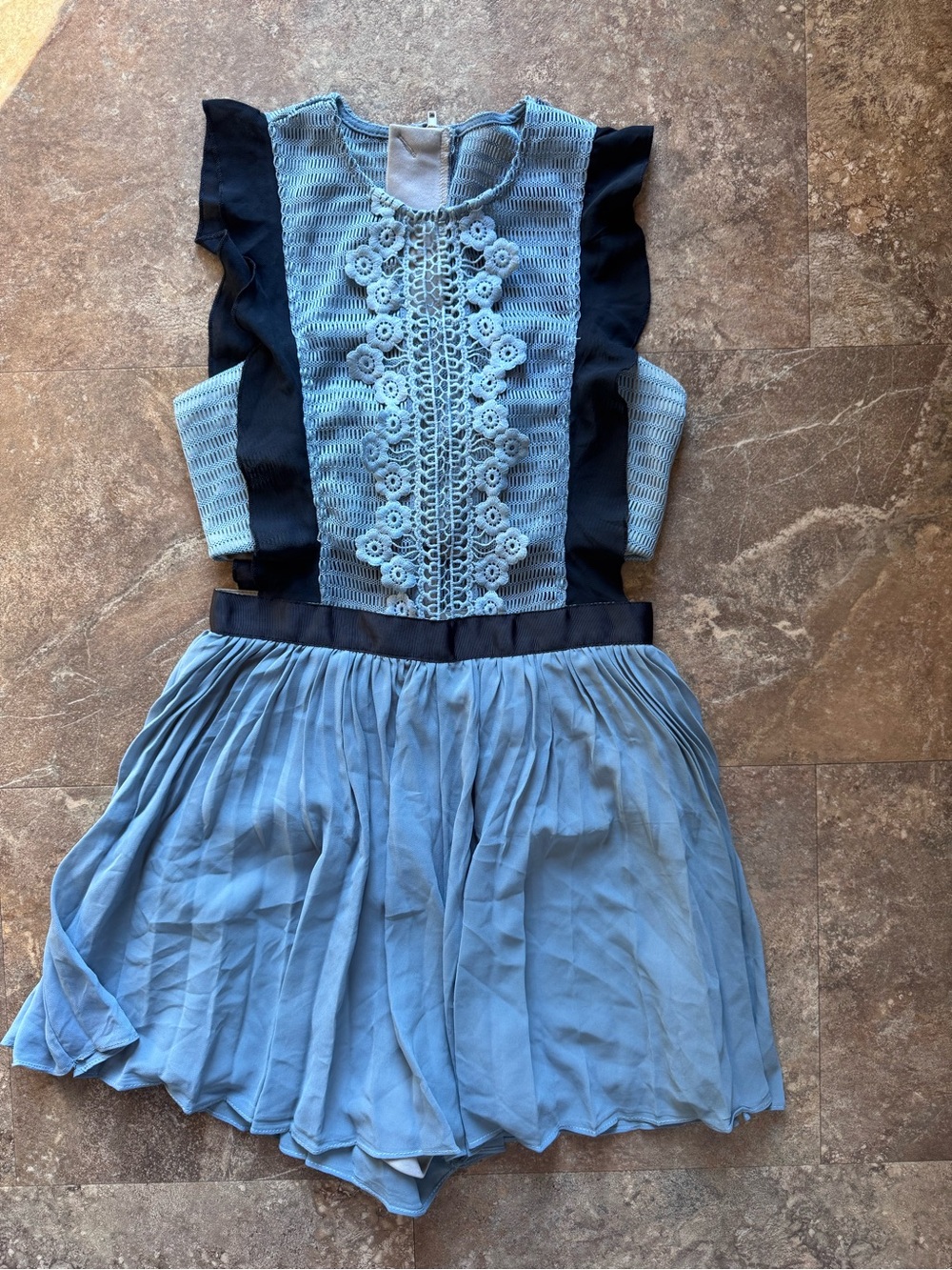Blue Lace-Front Romper with Navy Trim